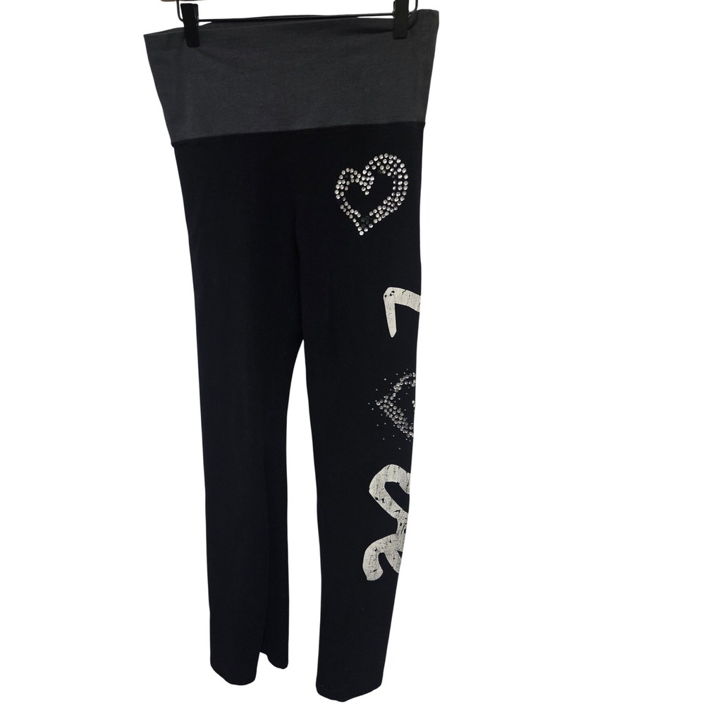 Vintage Y2K Pink Friday‎ Love Heart Rhinestone Black Yoga Pants Fold Over Waist